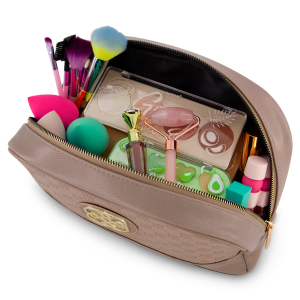 Daisy Fuentes Women's Quilted Makeup Bag - Makeup Organizer Travel Bag,  Cosmetic Bag, Toiletry Bag, Square Train Case, Cognac