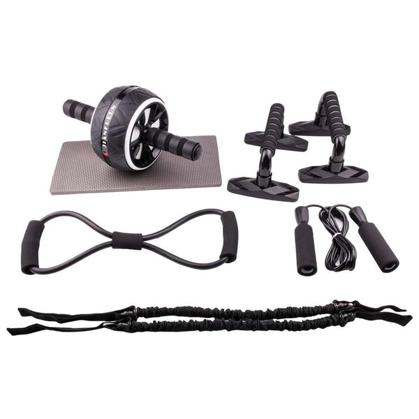 TRAKK Sport 6 in 1 Exercise Equipment Set with Ab Wheel, Handle Grips, Resistance Bands, Knee Pad, Jump Rope, and Pushup Bars for Full Body Workouts