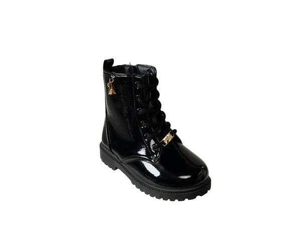 bebe Girl's Lace-Up Combat Boot with Heart Key and Paris Charm