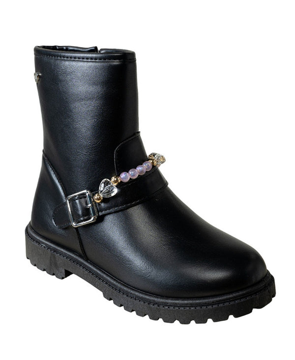 bebe Girl's Black Boot with Beaded Bracelet and Heart Rivet