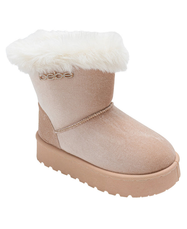 bebe Girls' Velvet Cozy Boot with Faux Fur Collar and Rhinestone Logo