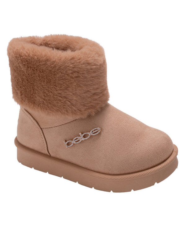 bebe Girls' Cozy Boot with Faux Fur Cuff and Rhinestone Logo