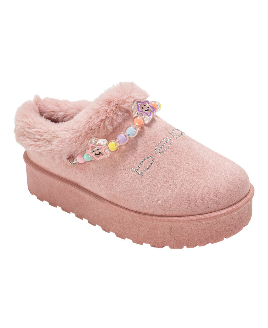 bebe Girls' Cozy Boot Slide with Faux Fur Lining, Friendship Beads, and Rhinestone Detail