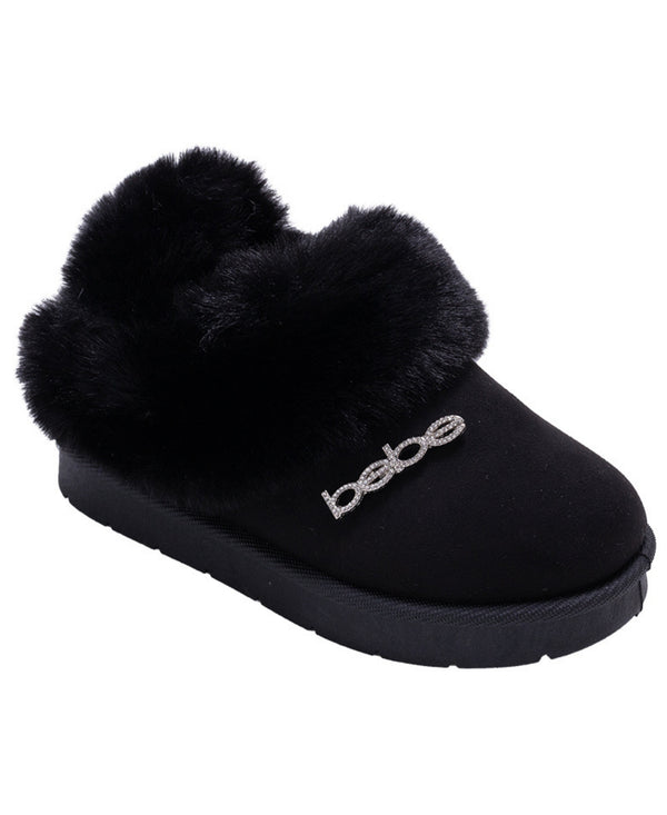 bebe Girls' Cozy Boot Slippers with Faux Fur Trim and Rhinestone Logo