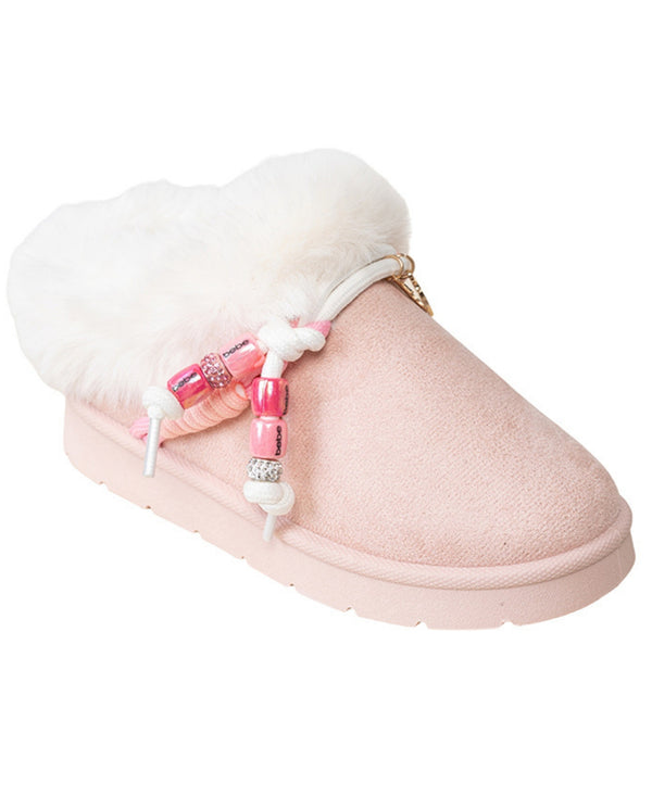 bebe Girl's Cozy Faux Fur Boot Slide with Hiker Lace and Charm Details