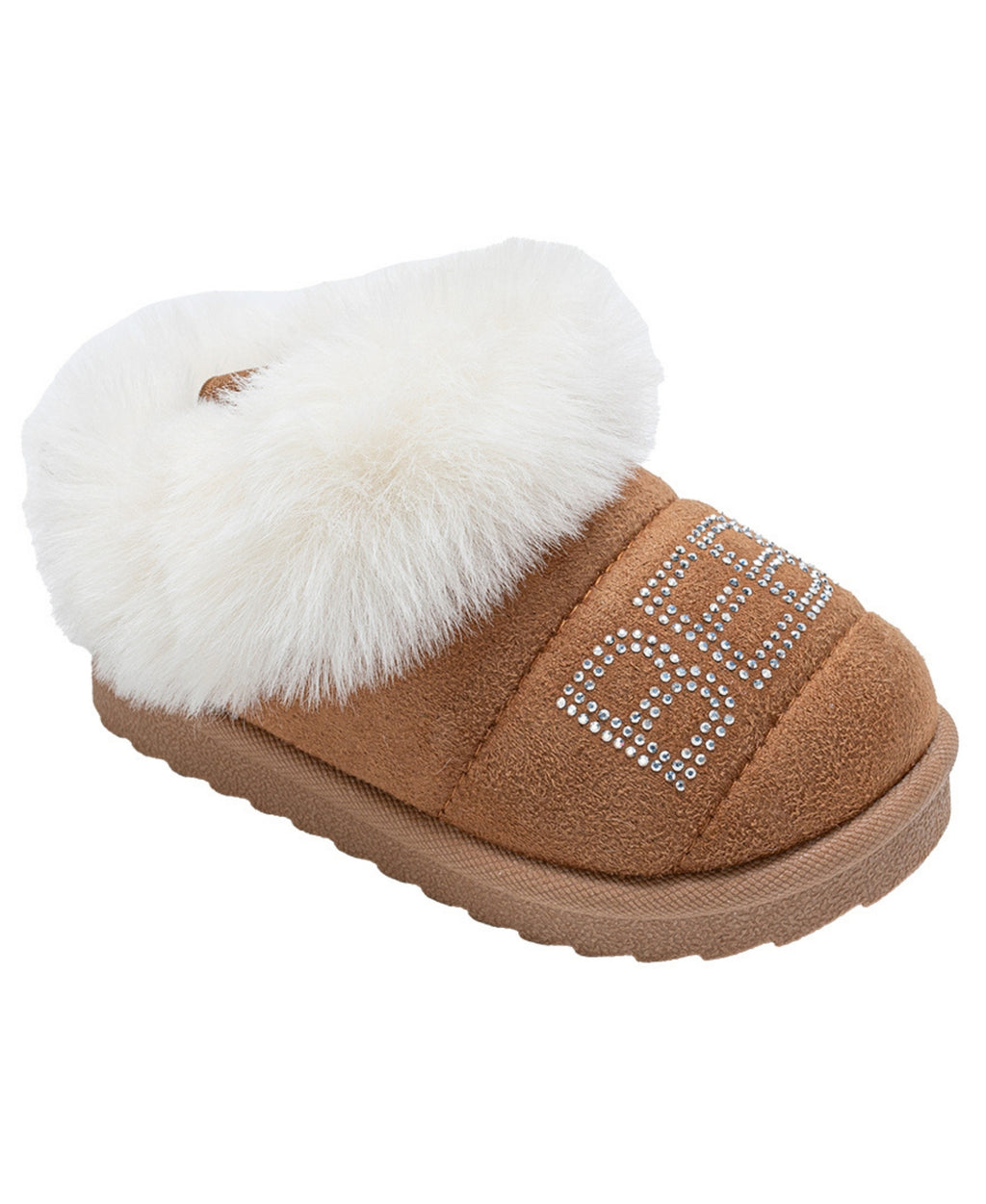 bebe Toddler Girls’ Winter Slide with Faux Fur Lining, Rhinestone Bebe Logo and Memory Foam Sock