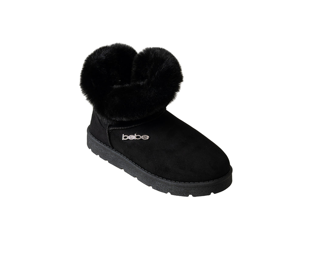 bebe Women's Winter Boot with Faux Fur Trim and Charm Stones