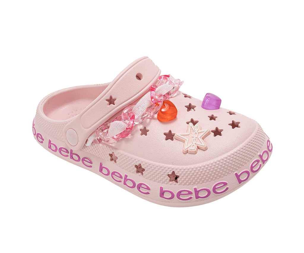 bebe Girl's Lightweight EVA Clog with Chain with Logo Grosgrain Ribbon and Charms