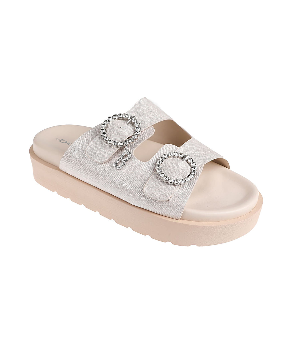bebe Women's Sandal with Rhinestone Round Buckles and Dangles B Charm