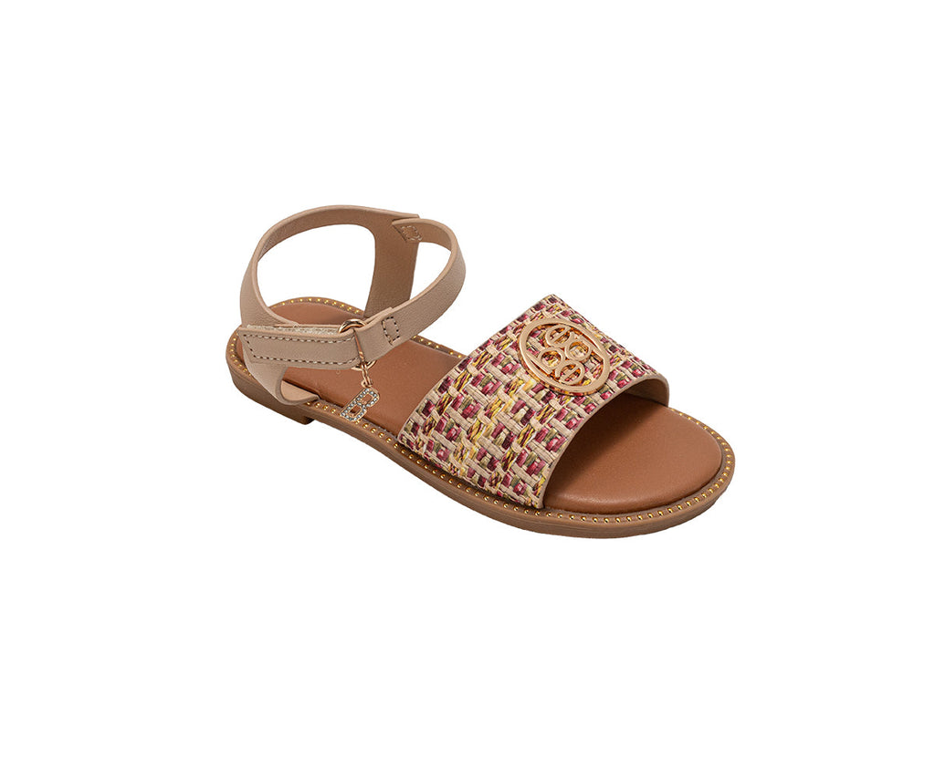 bebe Girl's Fashion Sandals - Dressy Shoes with Raffia Upper and Logo Medallion Accent