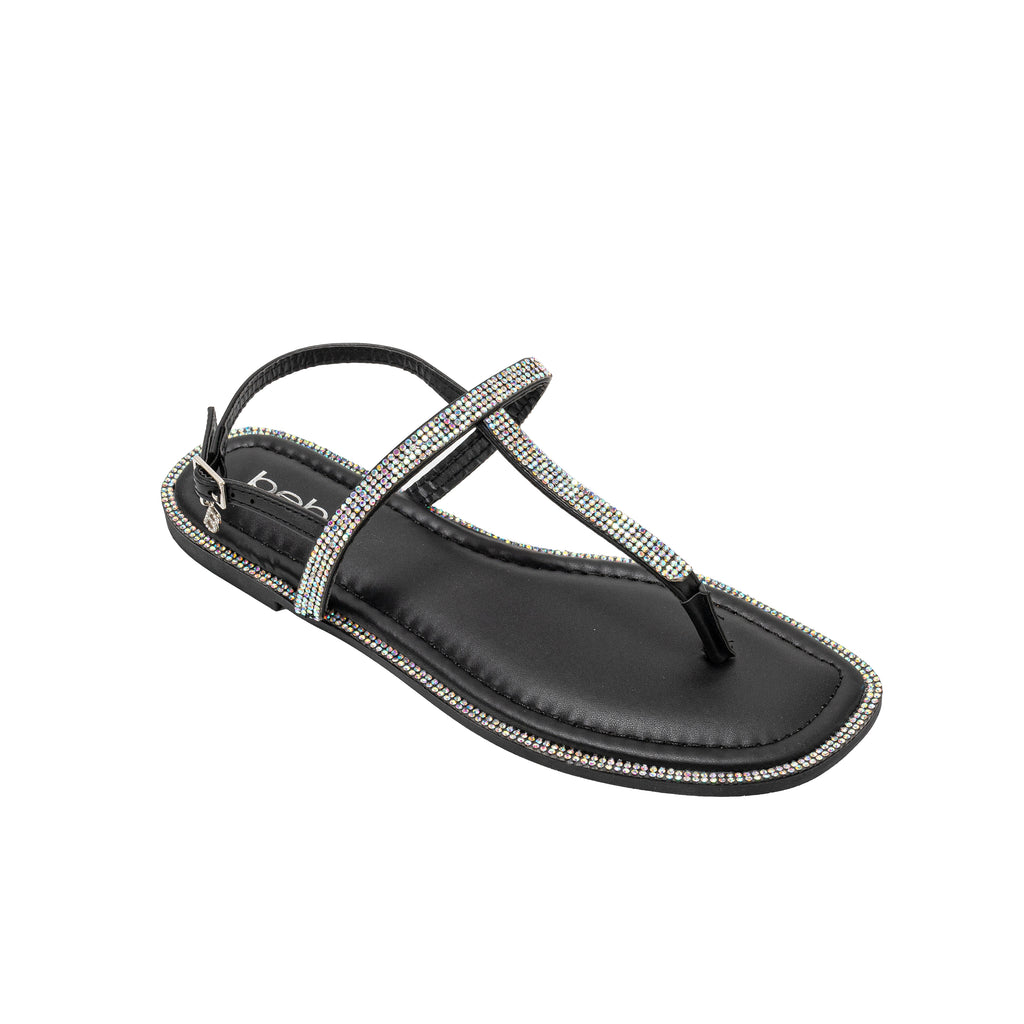 bebe Women’s Sandals – Rhinestone T-Strap Flat Sandals, Elegant Slingback Thong Sandals with Cushioned Footbed