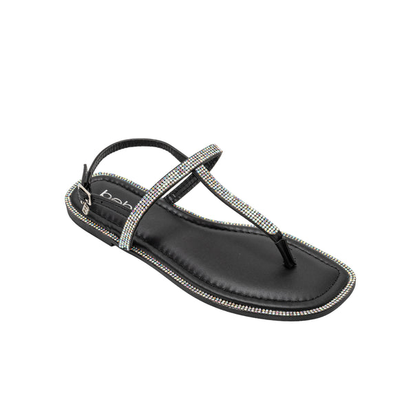 bebe Women’s Sandals – Rhinestone T-Strap Flat Sandals, Elegant Slingback Thong Sandals with Cushioned Footbed