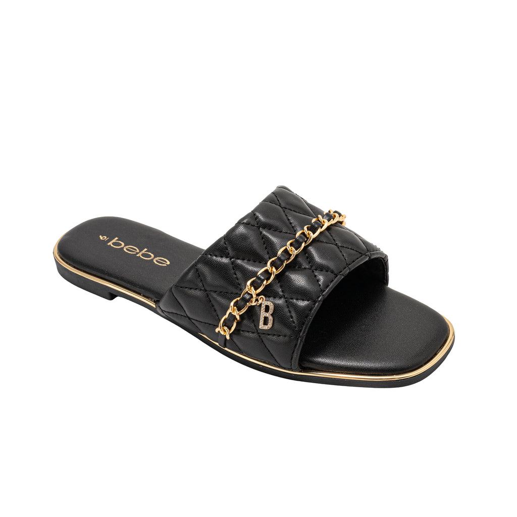 bebe Women’s Sandals - Quilted Slide Sandals with Gold Chain Detail