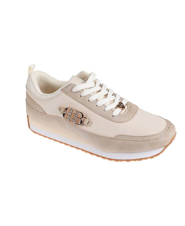 bebe Women's Sneaker with Nylon/Suede PU Upper and Large Ornament Detail