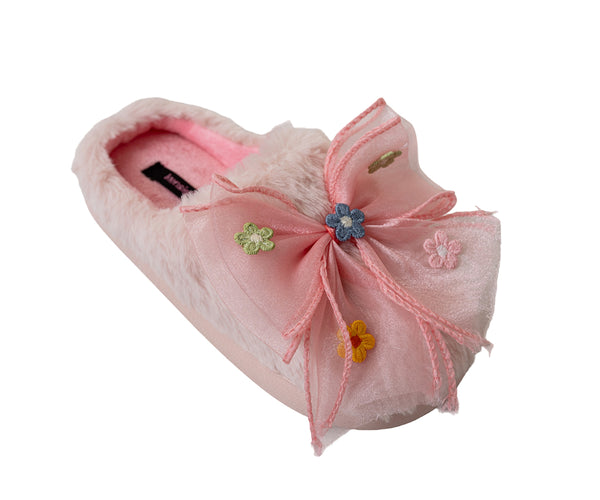 kensie girl Girl's Faux Fur Slippers with Floral Bow Detail