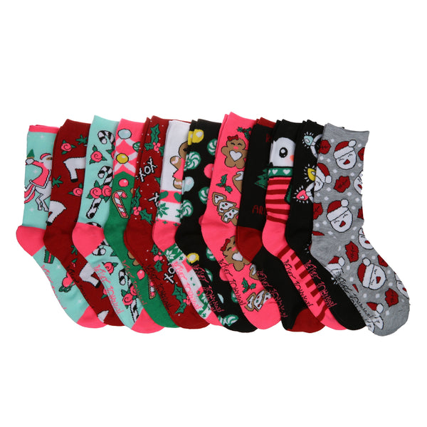 Betsey Johnson Women's 12 Pairs Holiday Crew Socks Cute, Colorful and Festive Design