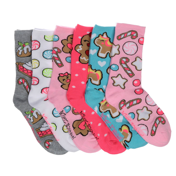 Betsey Johnson Women's 6 Pair Crew Socks Novelty Printed Socks -Cute Fun Novelty Socks for Women with Holiday Themed Gift Box