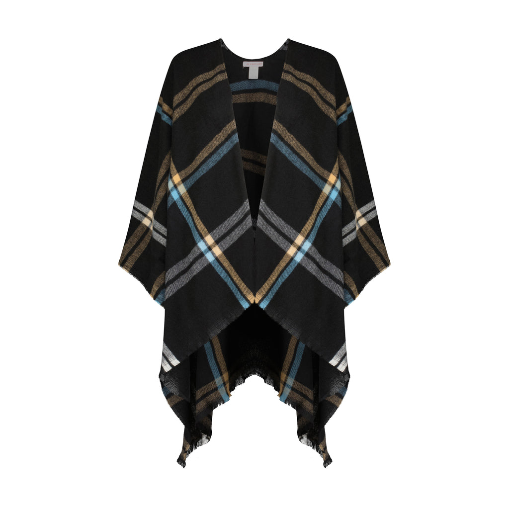 Rampage Women's Windowpane Plaid Woven Ruana Open Front Shawls - Stylish Wrap Cape