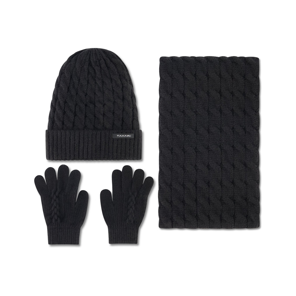 Tahari Women's Cable Knit Beanie with Plush Lining, Gloves, and Infinity Scarf Set