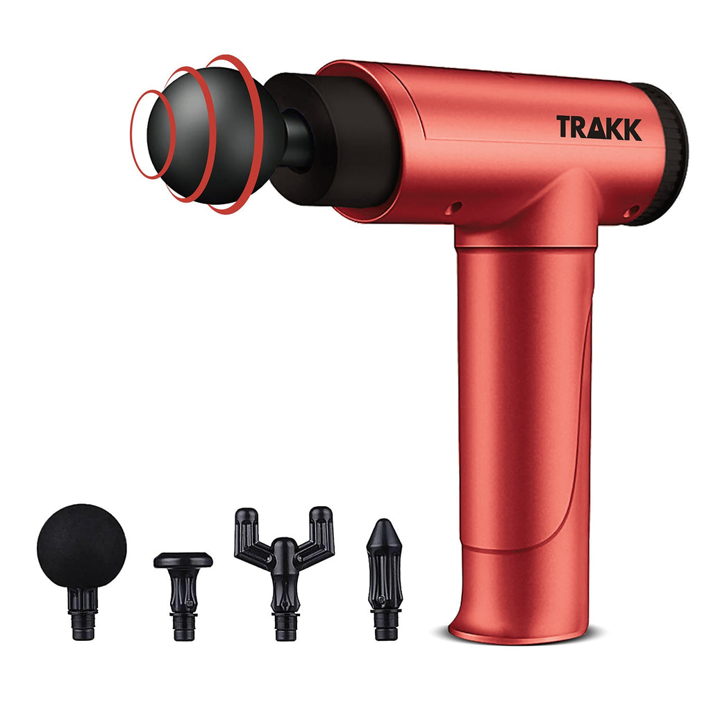 TRAKK Deep Tissue Handheld Massage Gun with 4 Speeds, 4 Head Attachments, and Rechargeable Battery for Sore and Tense Muscle Relaxation (Red)