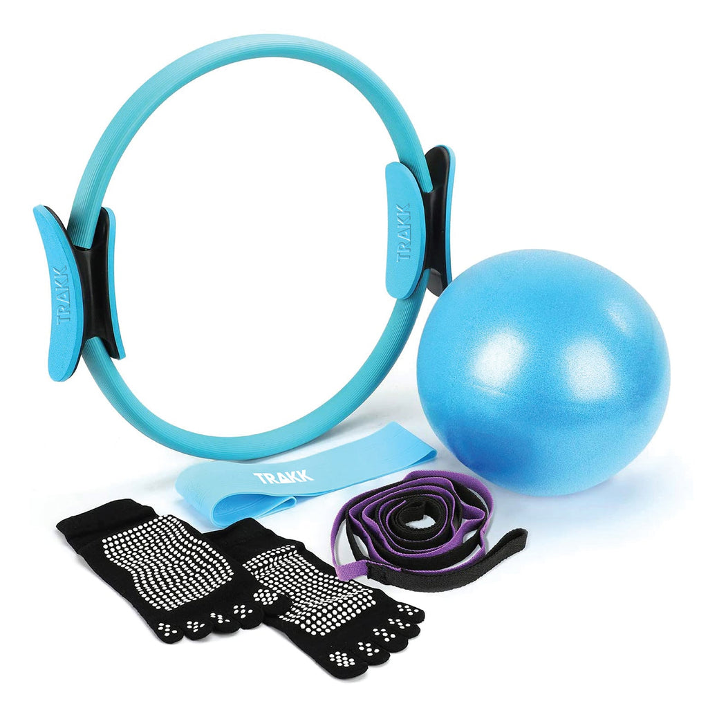 TRAKK Pilates Ring and Ball Set, 15 'Fitness Circle, Resistance Loop Exercise Band, Pilates Ball, Stretch Strap, Non-Slip Skid Socks, Women's & Athletic Trainers Exercise Equipment & - Blue