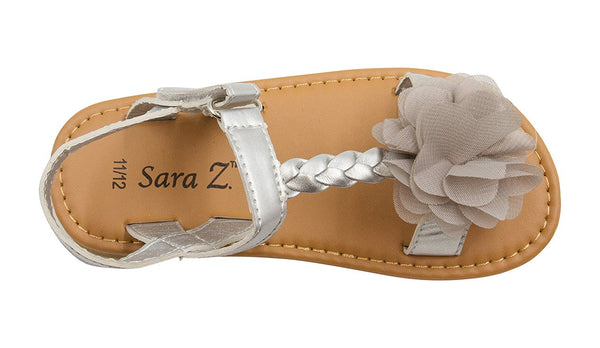 Sara Z Toddler Girl Metallic Sandal with Braided Strap and Chiffon Flower