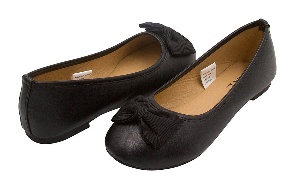 Sara Z Girls Leather Look Ballet Flat Slip On Solid Color With Grosgrain Bow For All Occasion Versatility (See More Szes and Colors)