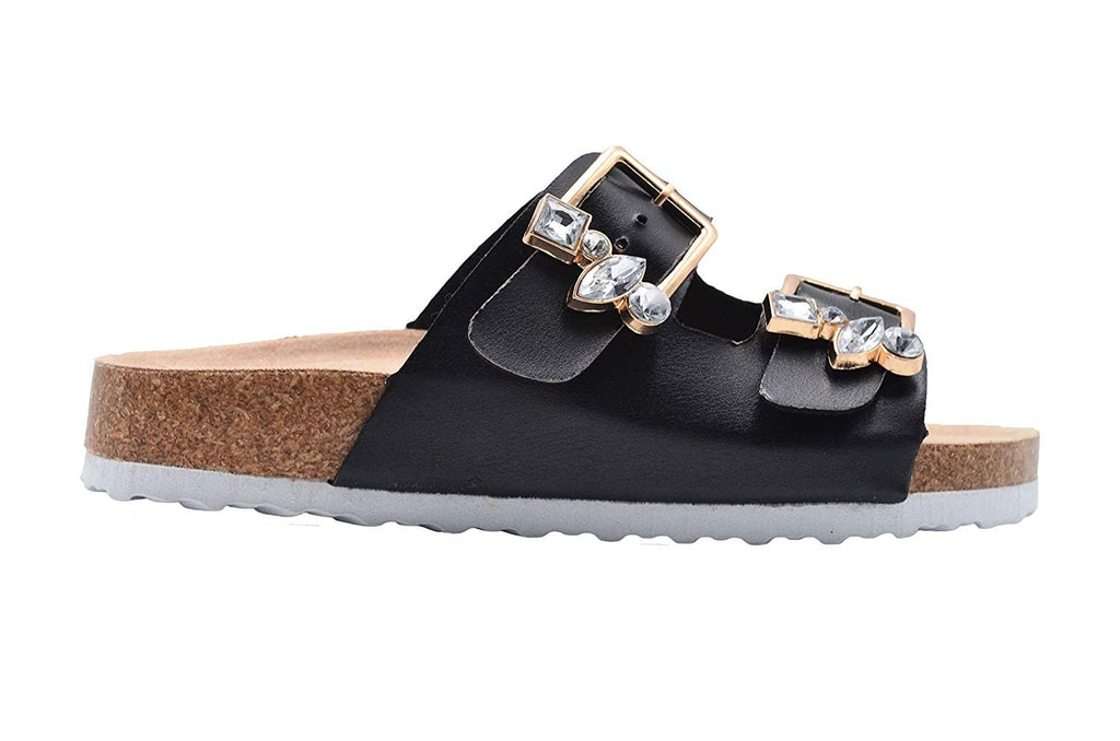 bebe Girls' Footbed Sandal Little Kid Big Kid Slip On Slide Shoe with Rhinestone Buckle