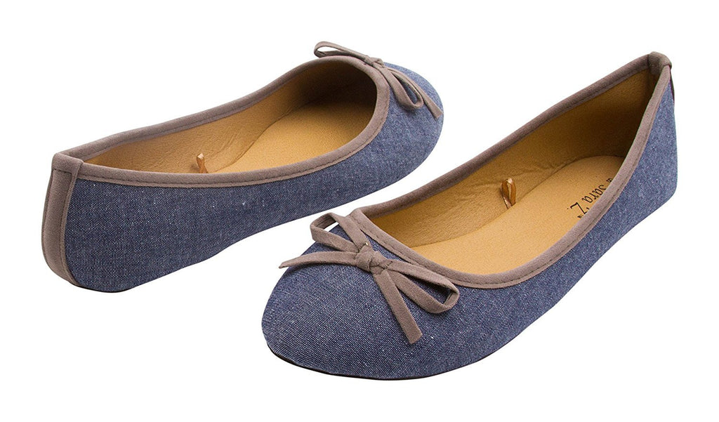 Sara Z Womens Denim Slip On Ballet Flat With Contrasting Microseude Trim and Bow