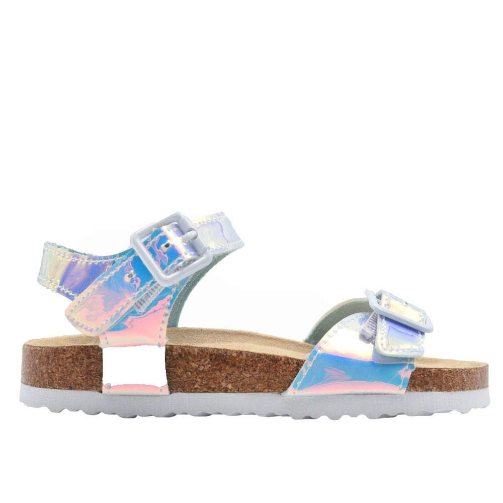 dELiAs Girls Footbed Sandal Metallic Holographic Slip On Slide Shoe with Buckle Embellishment