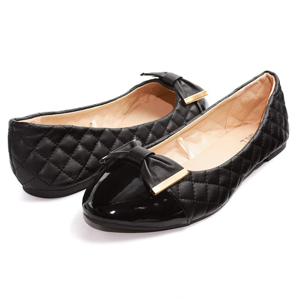 Sara Z Womens Quilted Ballet Flat Slip On Shoes With Bow and Patent Leather Toe (See More Colors and Sizes)