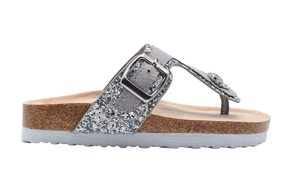 bebe Girls' Glitter Footbed Sandal Little Kid Big Kid Slip On Slide Shoe with Metallic Buckle