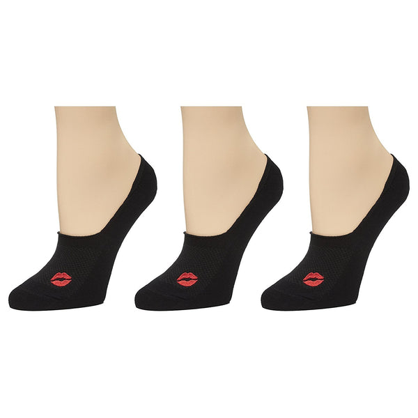 Marilyn Monroe Womens Ladies 3Pack Cotton Blend Mesh Footliner With Lip Embroidery Size 9-11 Black