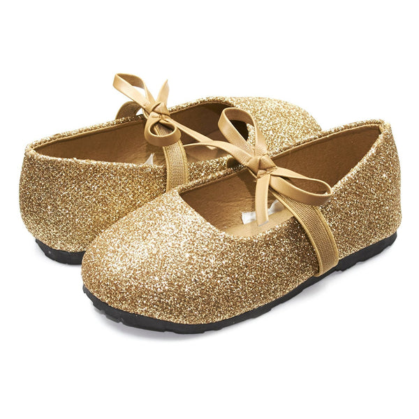 Sara Z Kids Toddlers Girls Glitter Ballet Flat Slip On Shoes With Elastic Strap and Bow Gold Size 9/10