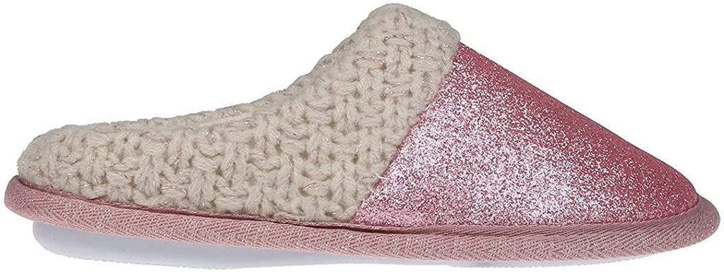 Rampage Girl's Fluffy And Cute Glitter Slippers With Knit Collar & Faux Fur Sock