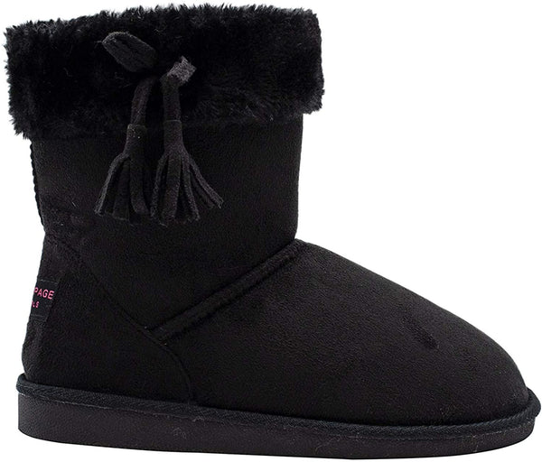 Rampage Girls' Big Kid Slip On Mid High Microsuede Winter Boots with Faux Fur Cuff and Tassel Bow Black Size 11