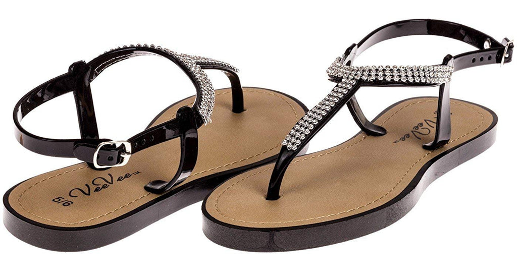 Vee Vee Ladies T-Strap Sandal with Crystals - New Womens Summer Walking Shoes