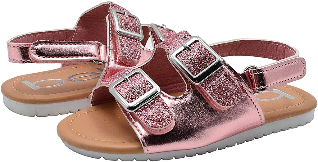 bebe Girls Toddler Baby Little Kid Shiny Metallic Slide Sandal with Sparkly Glitter Strap and Double Buckles - Fashion Summer Shoes Silver 5