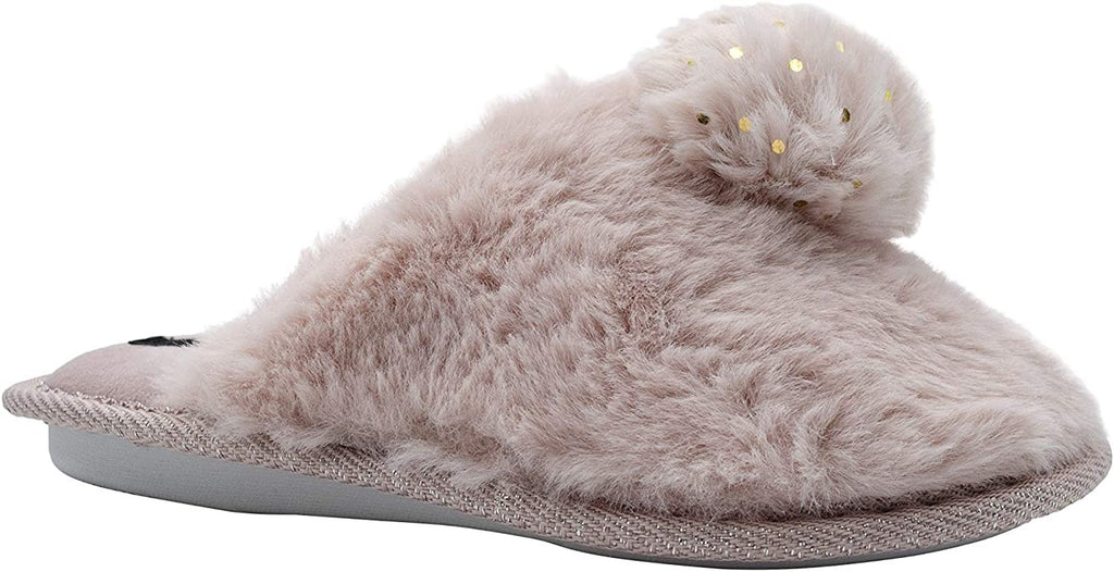 kensie Girls' Big Kid Slip On Plush Fluffy Faux Fur House Slippers with Sparkly Pom Pom, Cute Warm Comfortable Shoes for Home