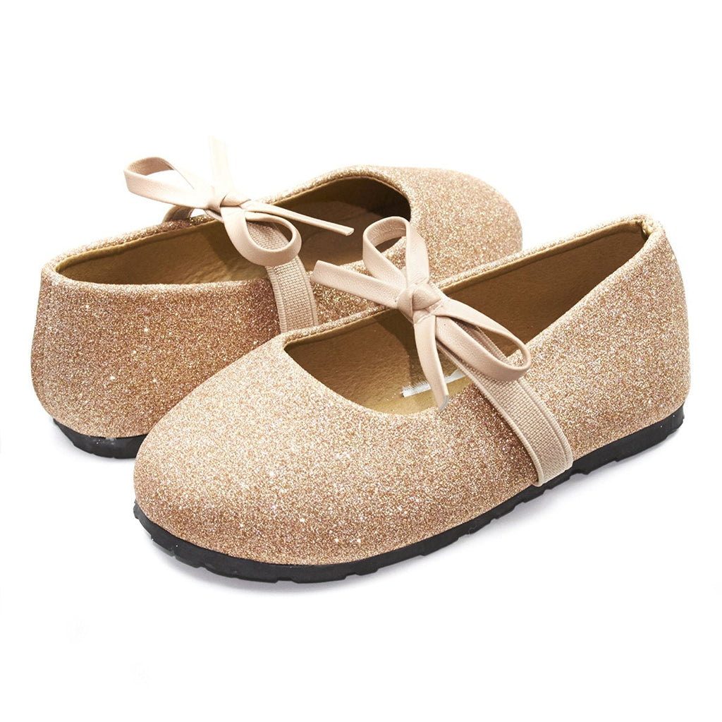 Sara Z Kids Toddlers Girls Glitter Ballet Flat Slip On Shoes With Elastic Strap and Bow Blush Pink Size 5/6