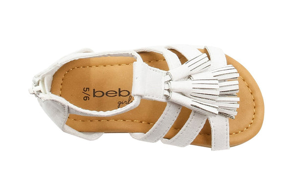 bebe Girls Velvet T Strap Back Zipper Ankle Sandals with Tassels 9/10 White