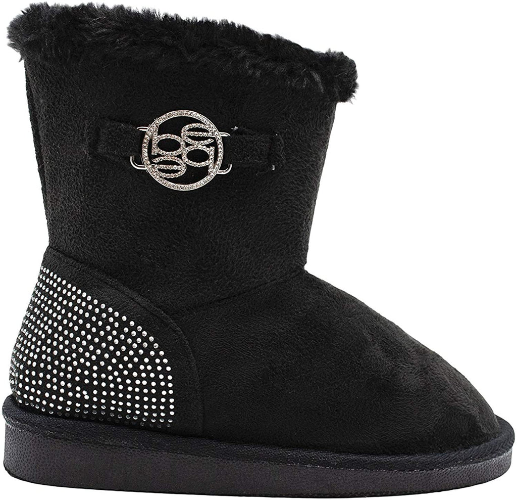 bebe Girls’ Big Kid Slip On Mid Calf Warm Microsuede Winter Boots Embellished with Rhinestones and Faux Fur Cuff