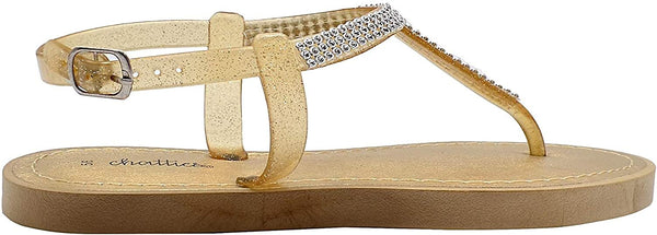 Chatties Womenâ€™s PCU T-Strap Thong Rhinestone Sandal with Metallic Footbed and Adjustable Back Strap