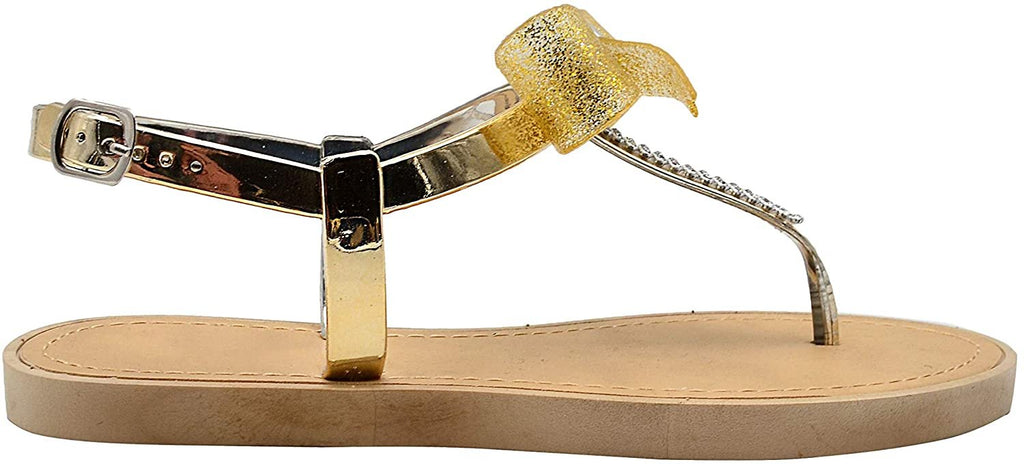 Via Rosa Womenâ€™s Metallic T-Strap Sandal with Rhinestones, Bow and Adjustable Back Strap - Fashion Bling Summer Shoes