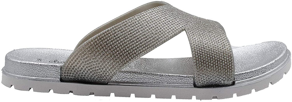 Chatties Women's Slip-On PCU Glitter Slide Sandals, Open-Toe Flat Fashion Summer Slipper Shoes