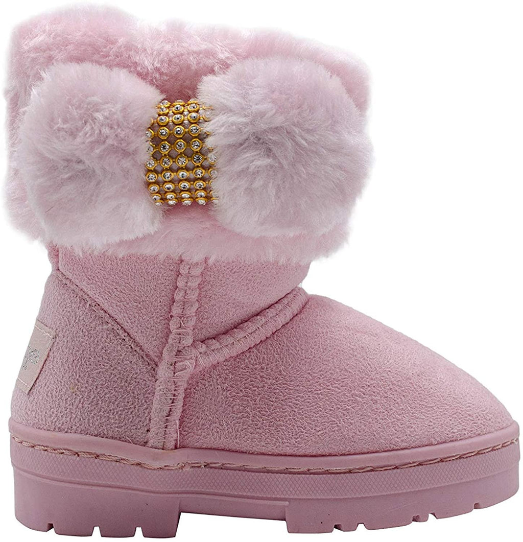 bebe Toddler Girls’ Little Kid Slip On Mid Calf Warm Winter Boots with Faux Fur Cuff and Rhinestone Bow