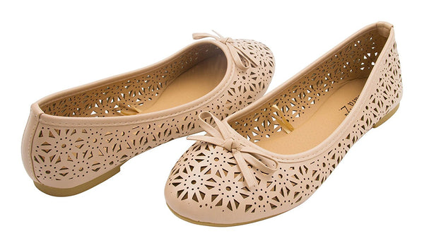 Sara Z Womens Laser Cut Perforated Slip On Ballet Flat with Bow
