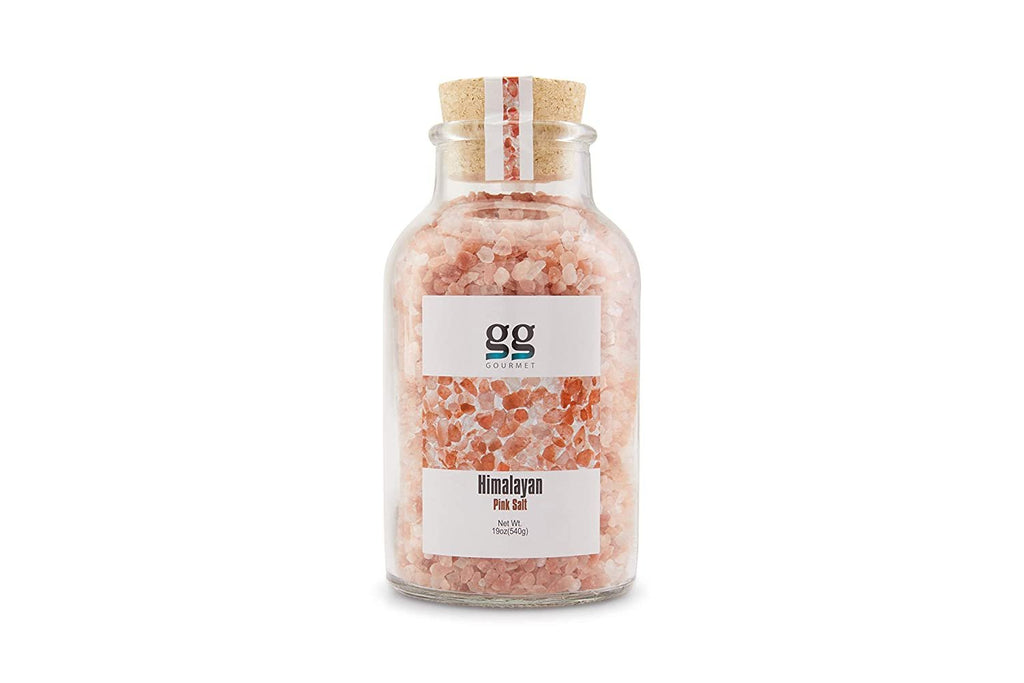 GG Gourmet Himalayan Pink Salt Glass Jar w/ Cork Lid | Coarse Grain, 100% Natural | Refillable Container | Ideal for Food Seasoning, Flavoring, Grilling, Cooking, and Baking | 18.9 Ounces