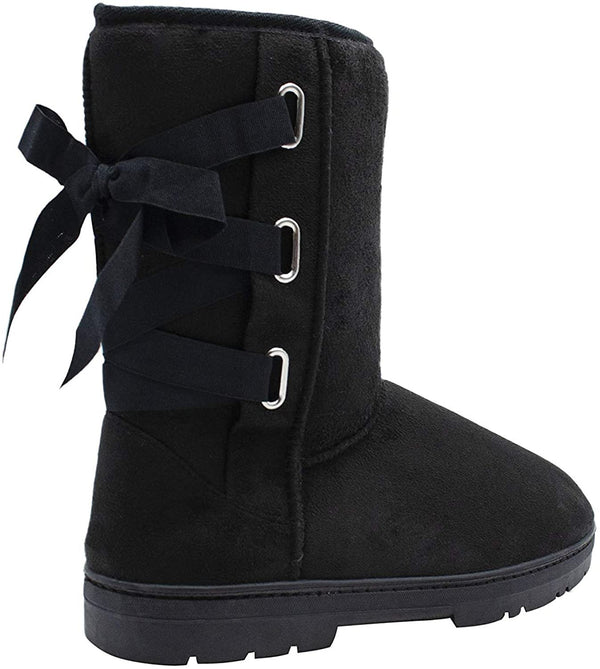 kensie Womens Slip On Mid High 9" Microsuede Winter Boots with Lace Up Grosgrain Ribbon