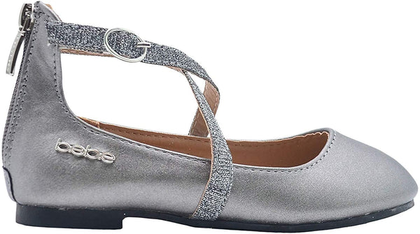 bebe Girls Big Kid Shiny Metallic Ballet Flats Slip-On Round Toe Dress Ballerina Shoe with Glitter Embellished Criss Cross Straps